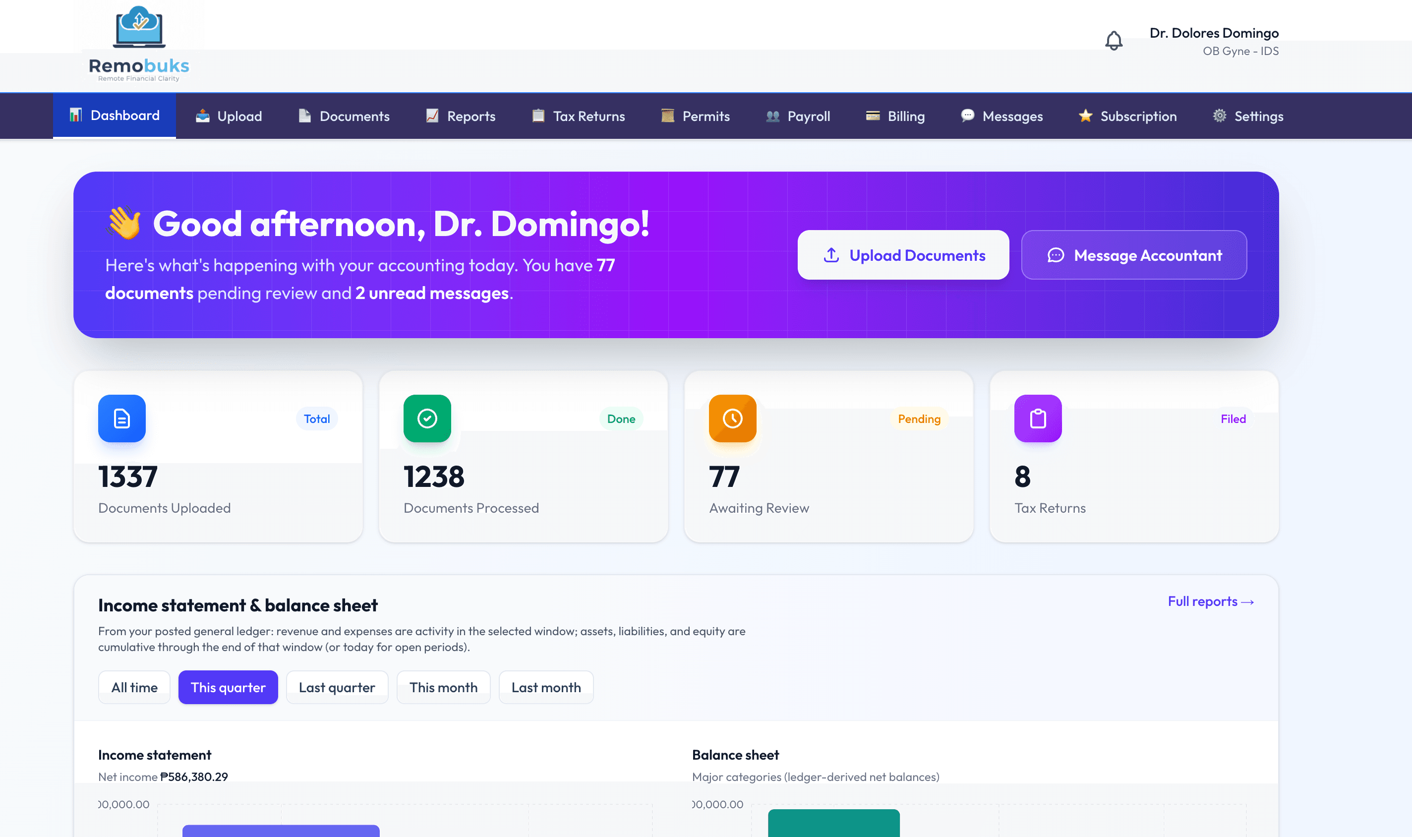 Remobuks client dashboard — real-time financial reports and document management for doctors